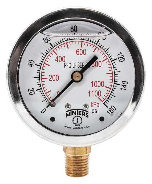 Pressure Gauge, 0 to 160 psi, 1/4 in MNPT, Stainless Steel, Silver