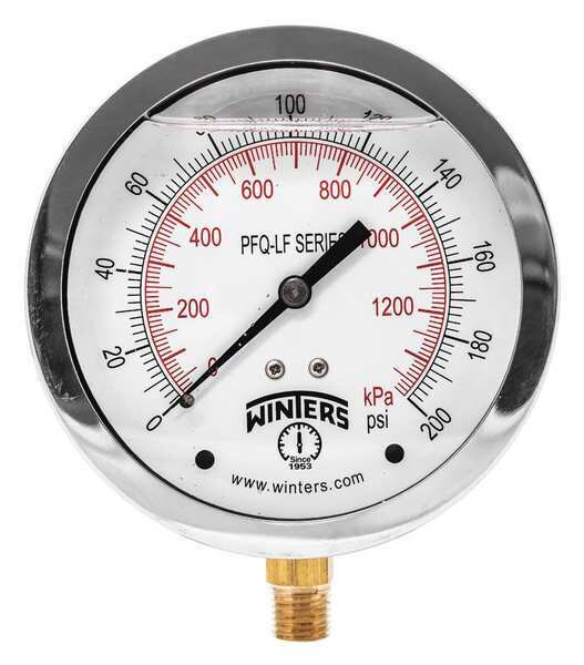 Pressure Gauge, 0 to 200 psi, 1/4 in MNPT, Stainless Steel, Silver