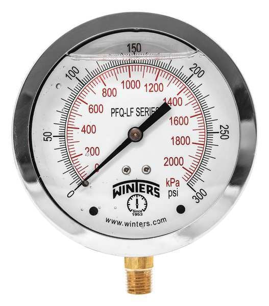 Pressure Gauge, 0 to 300 psi, 1/4 in MNPT, Stainless Steel, Silver