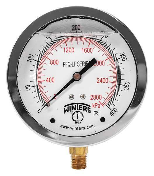 Pressure Gauge, 0 to 400 psi, 1/4 in MNPT, Stainless Steel, Silver
