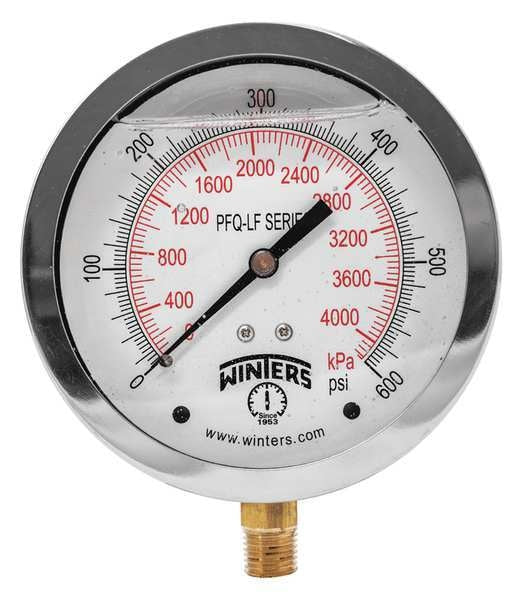 Pressure Gauge, 0 to 600 psi, 1/4 in MNPT, Stainless Steel, Silver
