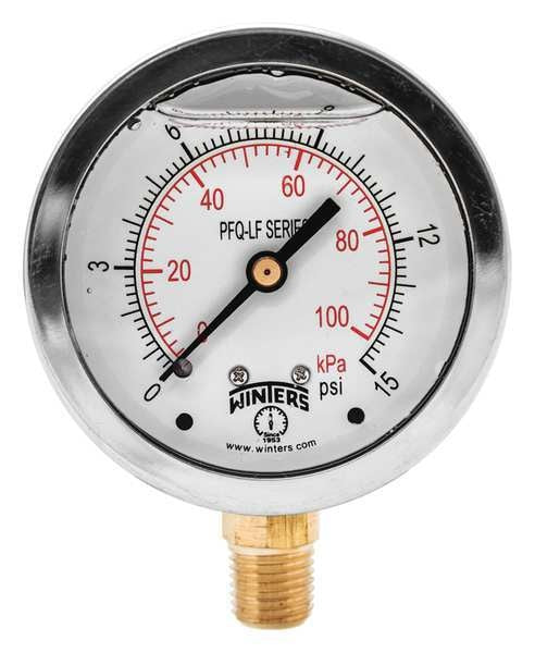 Pressure Gauge, 0 to 15 psi, 1/4 in MNPT, Stainless Steel, Silver