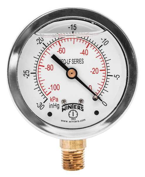 Vacuum Gauge, -30 to 0 in Hg, 1/4 in MNPT, Stainless Steel, Silver