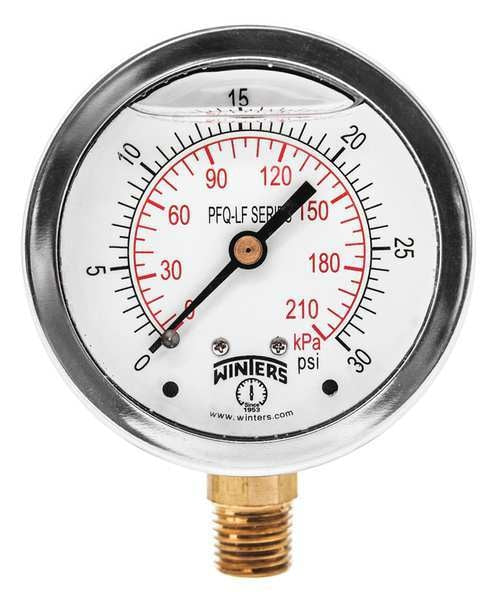 Pressure Gauge, 0 to 30 psi, 1/4 in MNPT, Stainless Steel, Silver