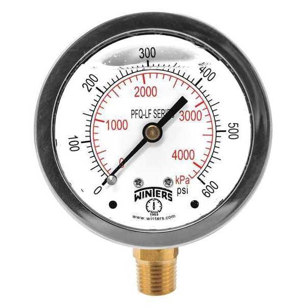 Pressure Gauge, 0 to 600 psi, 1/4 in MNPT, Stainless Steel, Silver