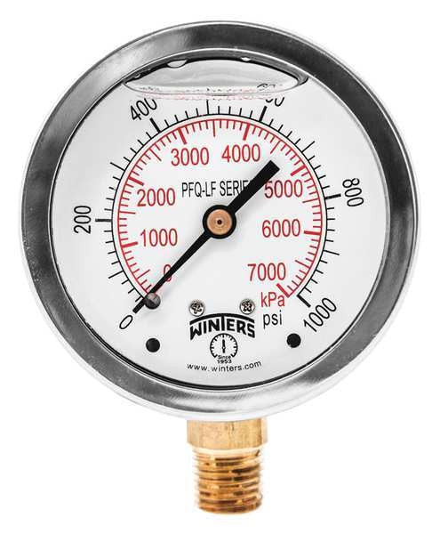 Pressure Gauge, 0 to 1000 psi, 1/4 in MNPT, Stainless Steel, Silver