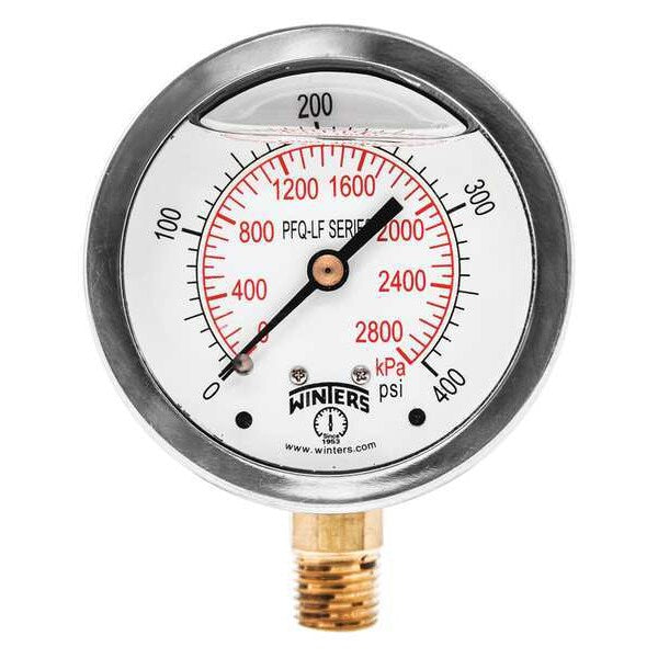 Pressure Gauge, 0 to 400 psi, 1/4 in MNPT, Stainless Steel, Silver