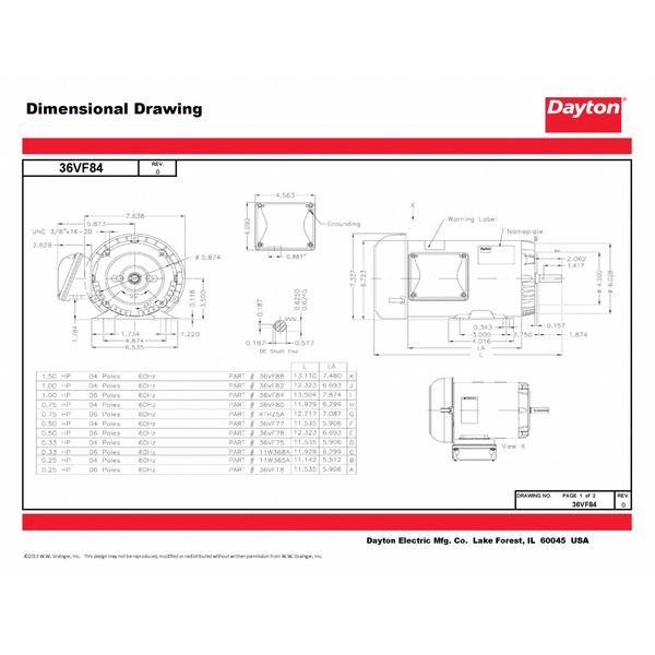 3-Phase General Purpose Motor, 1 HP, 56C Frame, 230/460V AC Voltage, 1,145 Nameplate RPM