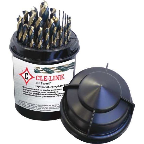 HD Bit Barrel Mechanics Length Drill Set Cle-Line 1875R Black & Gold HSS RHS/RHC, 29-Piece