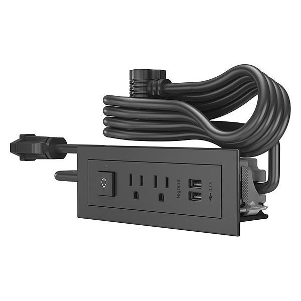 Power Unit, Black, 2 Outlet, 2 USB, 1 Switch
