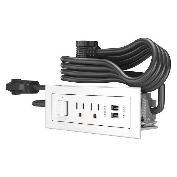 Power Unit, White, 2 Outlet, 2 USB, 1 Switch