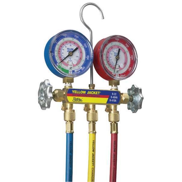 Mechanical Manifold Gauge Set, 2 Valve, 3 Hoses, Vacuum Port Size 1/4 in