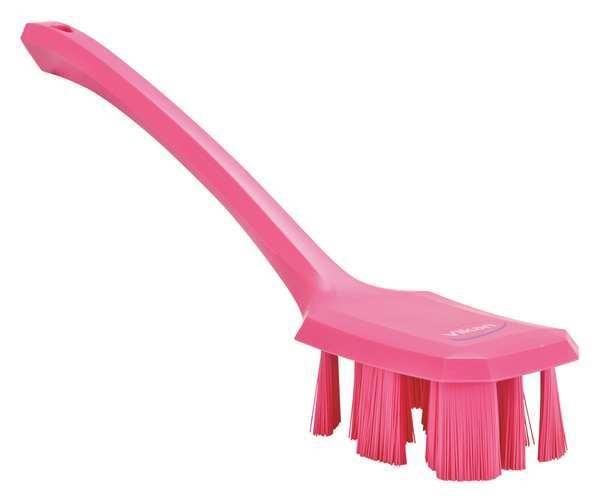 2 7/8 in W Scrub Brush, Stiff, 11 1/4 in L Handle, 4 3/4 in L Brush, Pink, Plastic
