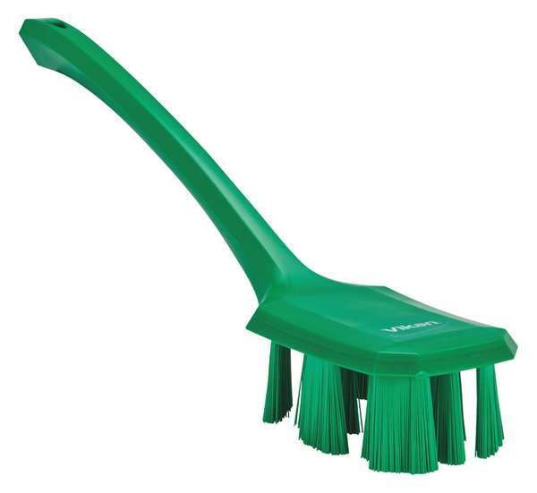 2 7/8 in W Scrub Brush, Stiff, 11 1/4 in L Handle, 4 3/4 in L Brush, Green, Plastic