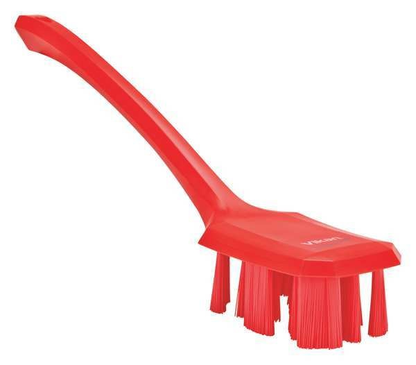 2 7/8 in W Scrub Brush, Stiff, 11 1/4 in L Handle, 4 3/4 in L Brush, Red, Plastic