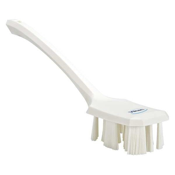 2 7/8 in W Scrub Brush, Stiff, 11 1/4 in L Handle, 4 3/4 in L Brush, White, Plastic