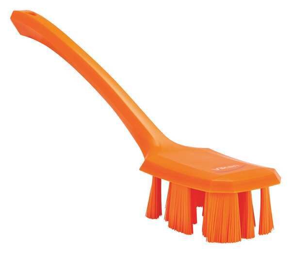 2 7/8 in W Scrub Brush, Stiff, 11 1/4 in L Handle, 4 3/4 in L Brush, Orange, Plastic