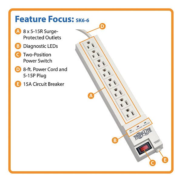 8 outlets, 8ft Cord, 1200 Joules, Holds