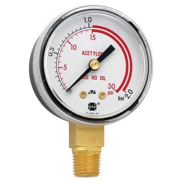 Pressure Gauge, 0 to 30 psi, 1/4 in MNPT, Steel, Black