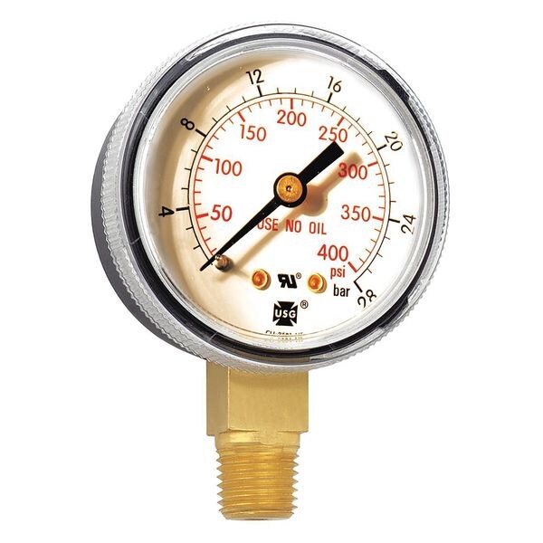 Pressure Gauge, 0 to 400 psi, 1/4 in MNPT, Steel, Black