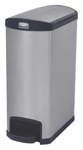 13 gal Rectangular Trash Can, Silver/Black, 11 1/2 in Dia, Step-On, Stainless Steel