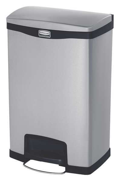13 gal Rectangular Trash Can, Black, 18 in Dia, Step-On, Stainless Steel