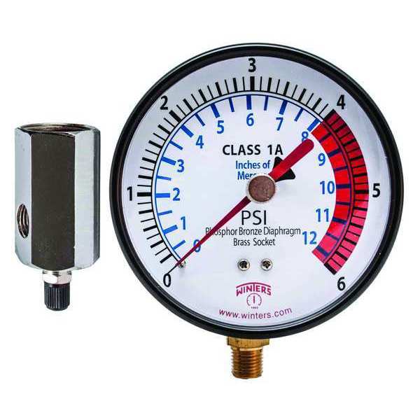 Pressure Gauge, 0 to 6 psi, 1/4 in MNPT, Black