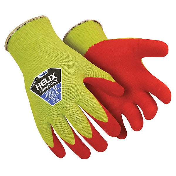 Hi-Vis Cut Resistant Coated Gloves, A6 Cut Level, Foam Nitrile, 2XL, 1 PR