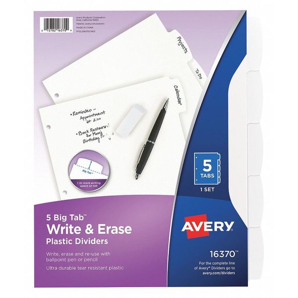 AveryÂ® Big Tabâ¢ Write & Erase Durable Plastic Dividers 16370, 5 White Tabs, 1 Set