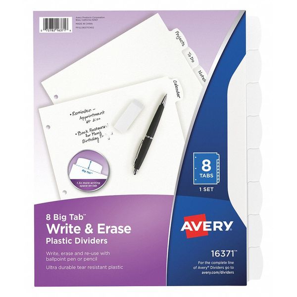 AveryÂ® Big Tabâ¢ Write & Erase Durable Plastic Dividers 16371, 8 White Tabs, 1 Set
