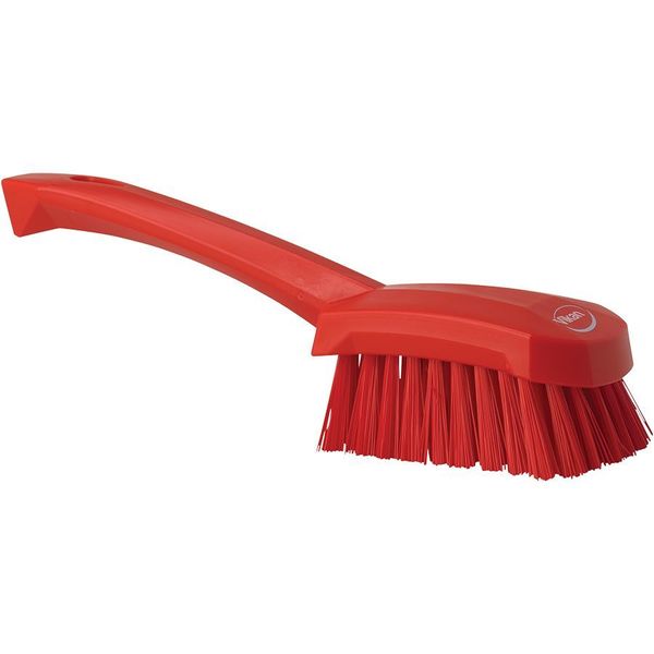 3 in W Scrub Brush, Stiff, 5 57/64 in L Handle, 4 1/2 in L Brush, Red, Plastic, 10 in L Overall