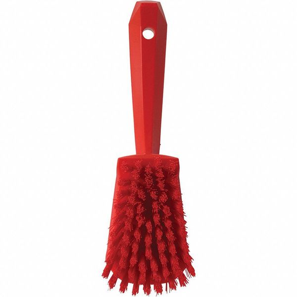 3 in W Scrub Brush, Stiff, 5 57/64 in L Handle, 4 1/2 in L Brush, Red, Plastic, 10 in L Overall