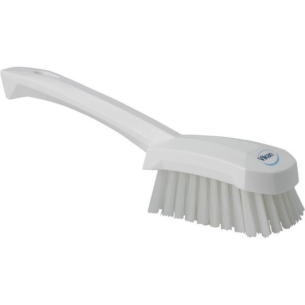3 in W Scrub Brush, Stiff, 5 57/64 in L Handle, 4 1/2 in L Brush, White, Plastic, 10 in L Overall