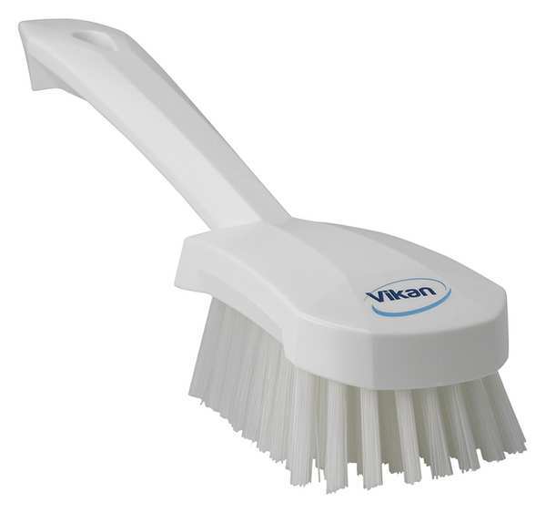 3 in W Scrub Brush, Stiff, 5 57/64 in L Handle, 4 1/2 in L Brush, White, Plastic, 10 in L Overall