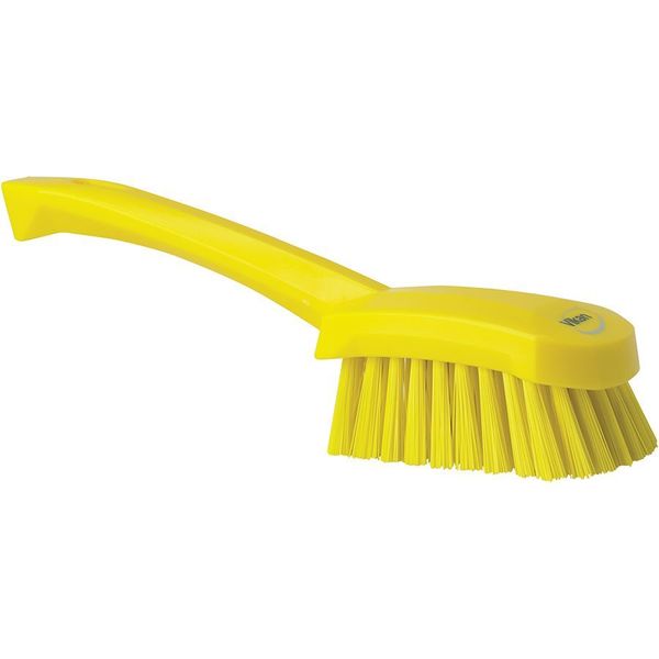 3 in W Scrub Brush, Stiff, 5 57/64 in L Handle, 4 1/2 in L Brush, Yellow, Plastic, 10 in L Overall