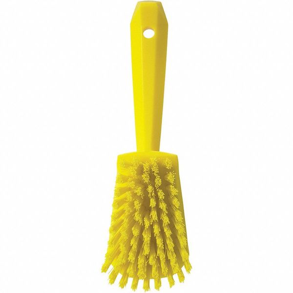 3 in W Scrub Brush, Stiff, 5 57/64 in L Handle, 4 1/2 in L Brush, Yellow, Plastic, 10 in L Overall