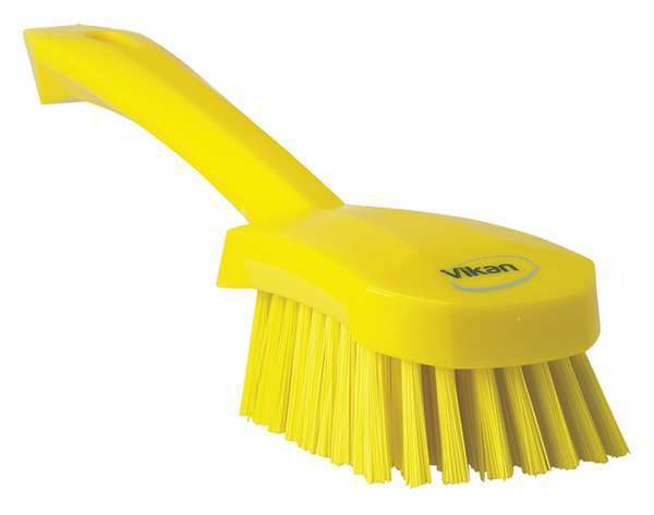 3 in W Scrub Brush, Stiff, 5 57/64 in L Handle, 4 1/2 in L Brush, Yellow, Plastic, 10 in L Overall