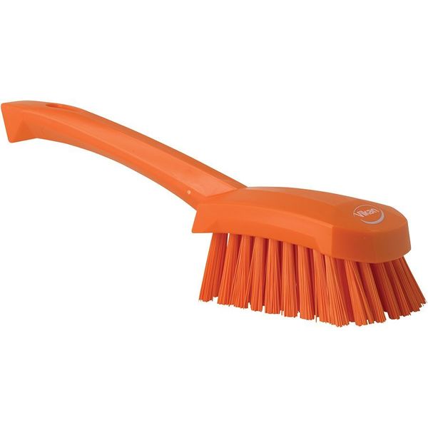 3 in W Scrub Brush, Stiff, 5 57/64 in L Handle, 4 1/2 in L Brush, Orange, Plastic, 10 in L Overall