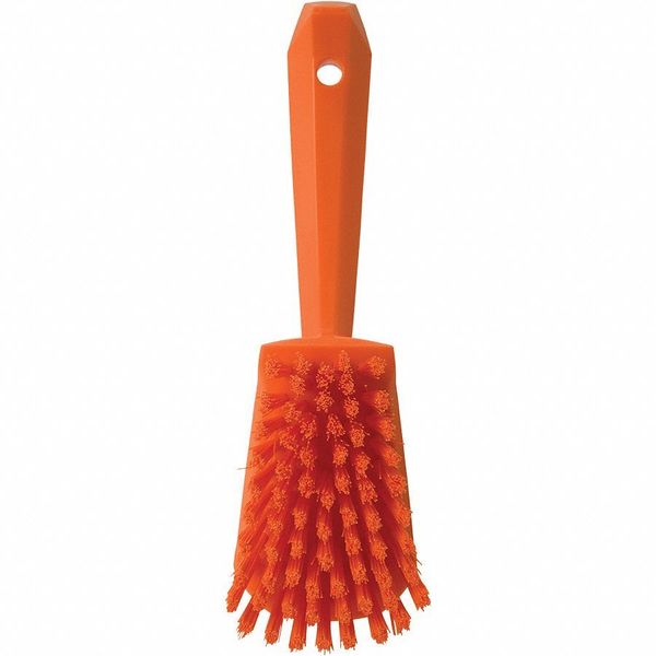 3 in W Scrub Brush, Stiff, 5 57/64 in L Handle, 4 1/2 in L Brush, Orange, Plastic, 10 in L Overall
