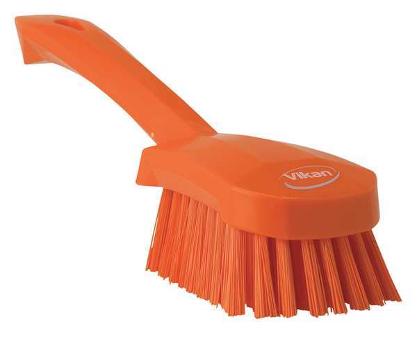3 in W Scrub Brush, Stiff, 5 57/64 in L Handle, 4 1/2 in L Brush, Orange, Plastic, 10 in L Overall