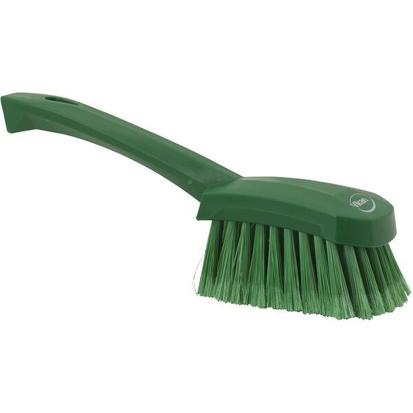 3 in W Scrub Brush, Soft, 5 57/64 in L Handle, 4 1/2 in L Brush, Green, Plastic, 10 in L Overall