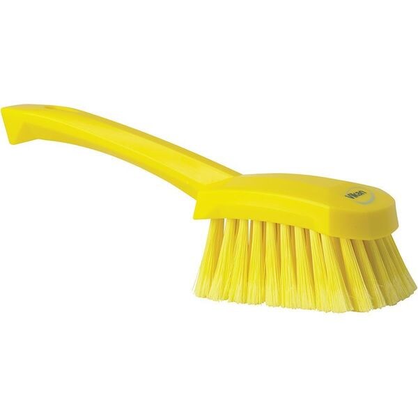 3 in W Scrub Brush, Soft, 5 57/64 in L Handle, 4 1/2 in L Brush, Yellow, Plastic, 10 in L Overall