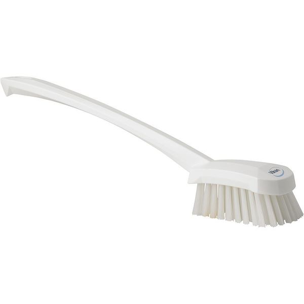 2 3/4 in W Scrub Brush, Stiff, 11 51/64 in L Handle, 4 1/2 in L Brush, White, Plastic