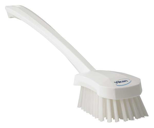 2 3/4 in W Scrub Brush, Stiff, 11 51/64 in L Handle, 4 1/2 in L Brush, White, Plastic