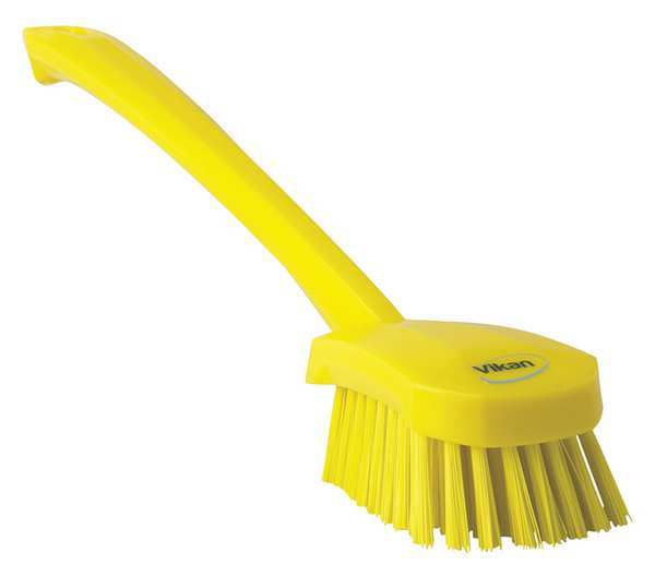 2 3/4 in W Scrub Brush, Stiff, 11 51/64 in L Handle, 4 1/2 in L Brush, Yellow, Plastic