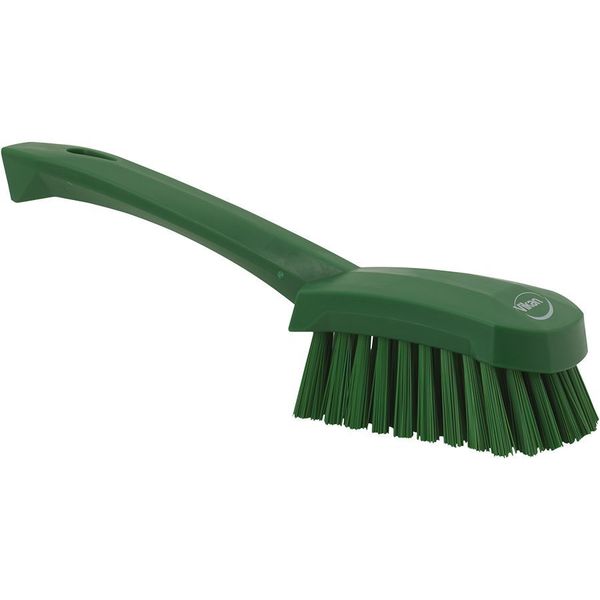 3 in W Scrub Brush, Stiff, 5 57/64 in L Handle, 4 1/2 in L Brush, Green, Plastic, 10 in L Overall