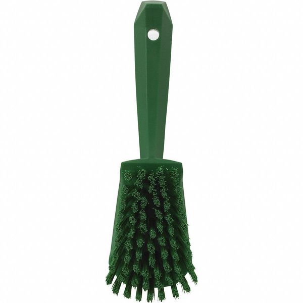 3 in W Scrub Brush, Stiff, 5 57/64 in L Handle, 4 1/2 in L Brush, Green, Plastic, 10 in L Overall