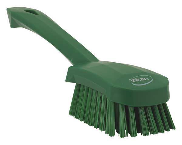 3 in W Scrub Brush, Stiff, 5 57/64 in L Handle, 4 1/2 in L Brush, Green, Plastic, 10 in L Overall