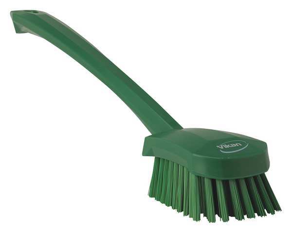 2 3/4 in W Scrub Brush, Stiff, 11 51/64 in L Handle, 4 1/2 in L Brush, Green, Plastic
