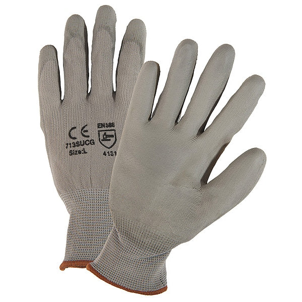 Work Gloves, Gray, PU Coated, Nylon, M, PK12